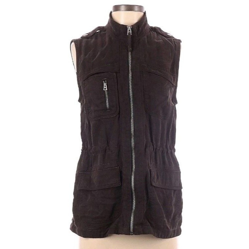 Lucky Brand Brown Utility Zip Up Vest sx XS Womens Drawstring Waist 4 Pockets